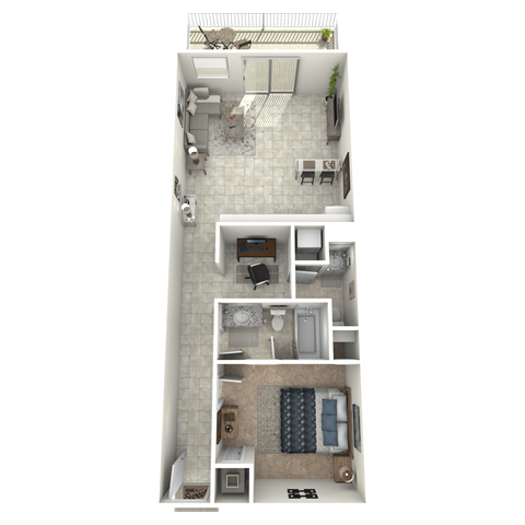 Floor plan for 1 bed, 1 bath, 728 sqft